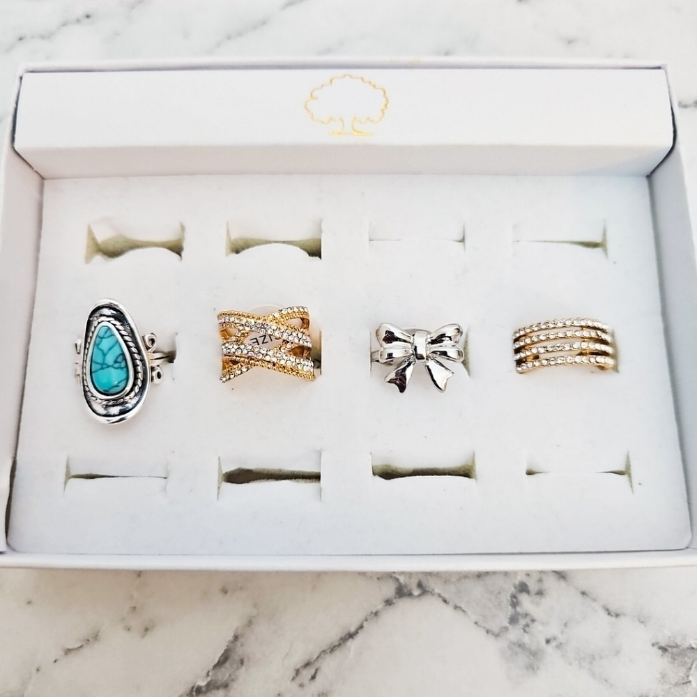 4 Pc Fashion Ring Set Gold Rinhestone Silver Bow Blue Southwestern Stone